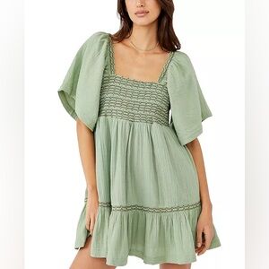Free People Easy To Love Mini Dress Green Gauze Cotton